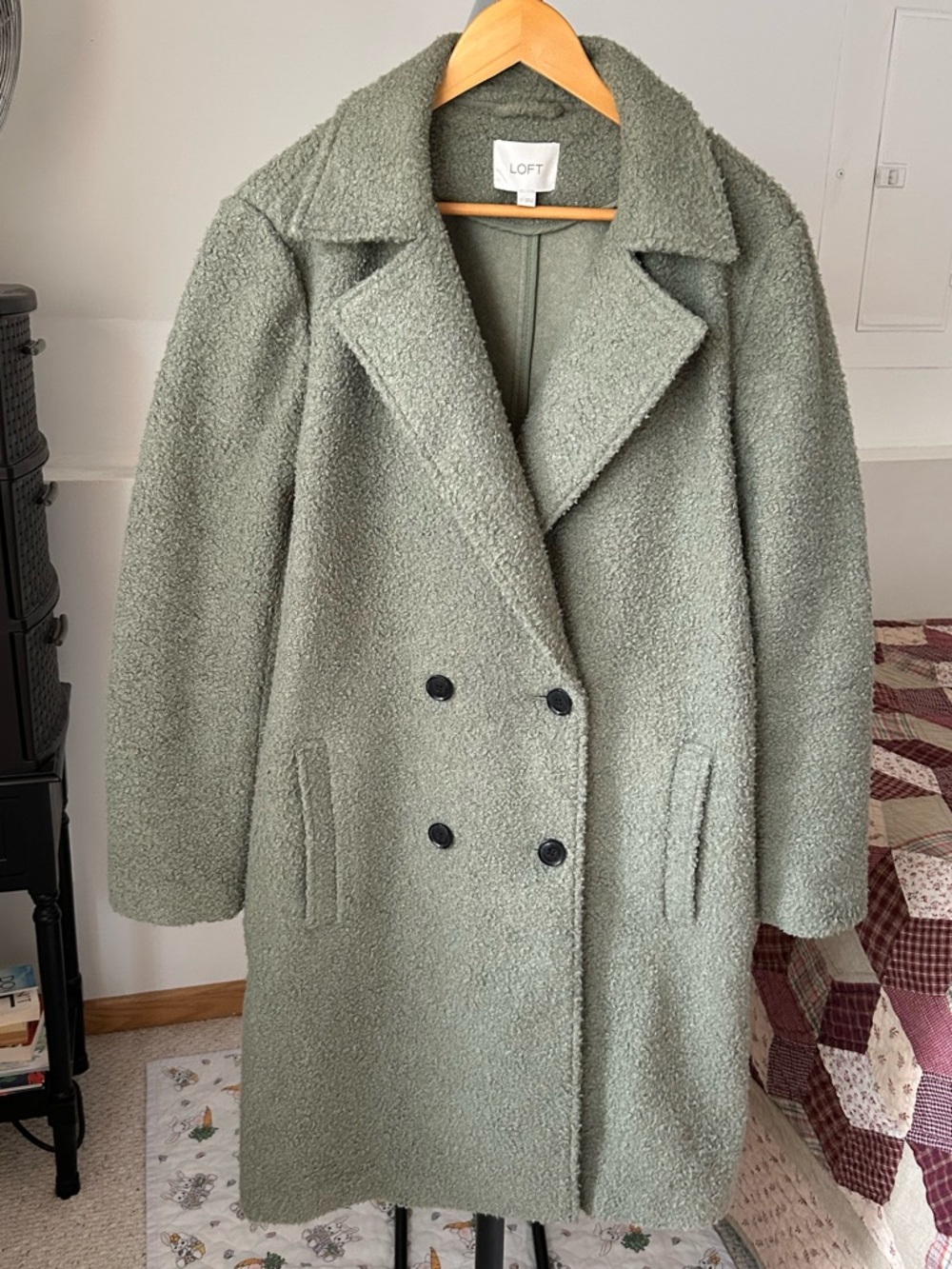 Loft Double Breasted Boucle Long Cocoon Overcoat Coat Jacket Green Large Tall